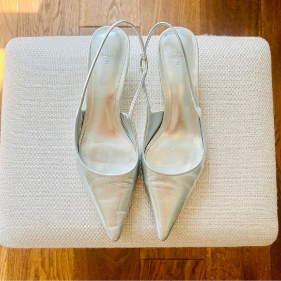 Zara | Silver Chrome Leather Slingback Shoes - Picture 13 of 13